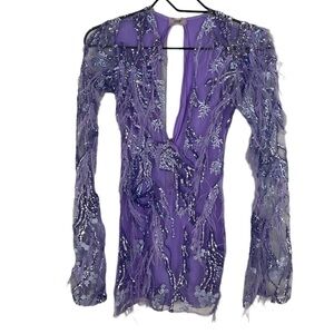 Custom Made - Purple Mini Dress with Sequins & Feathers - Women’s Size XS